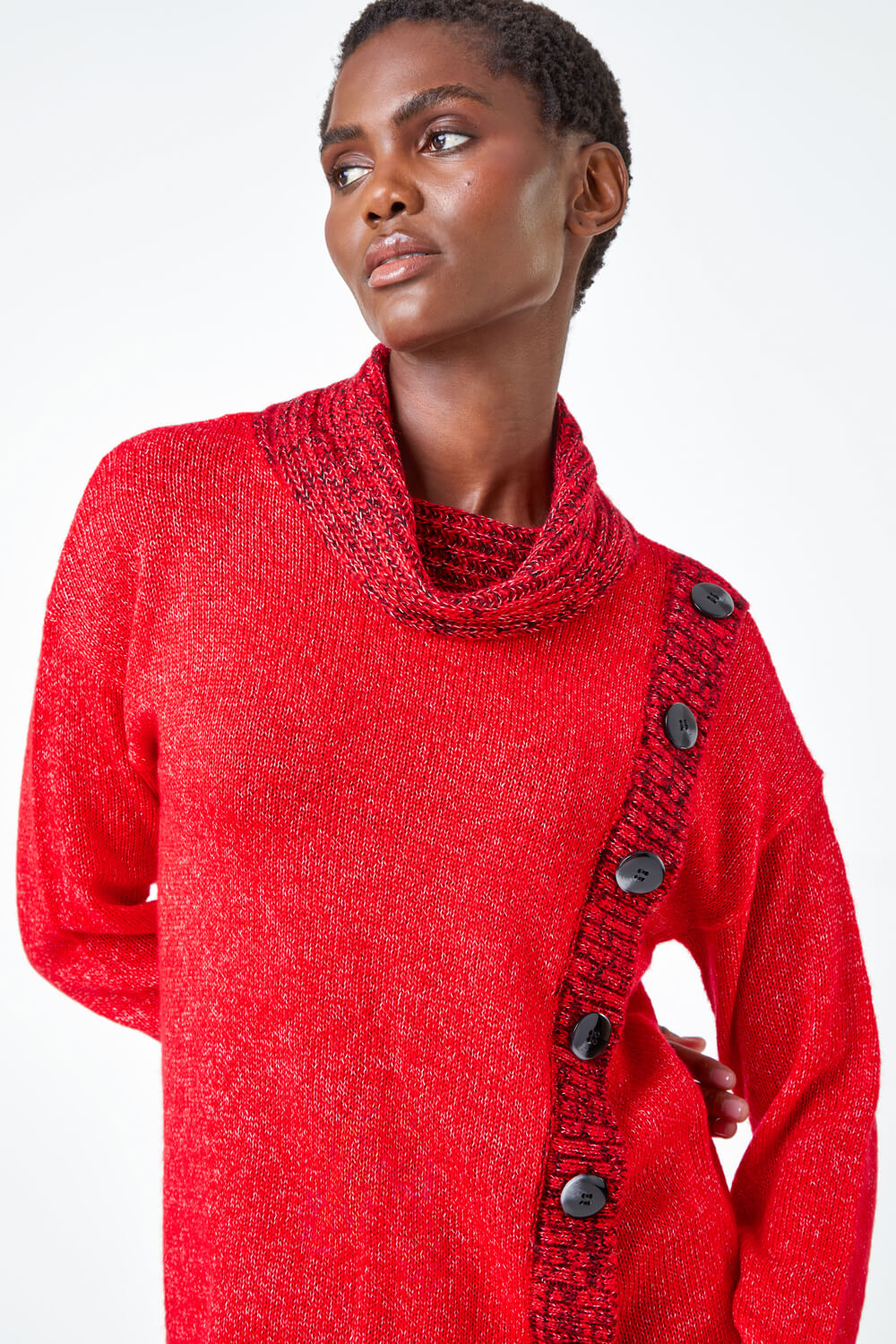 Red Button Detail Roll Neck Jumper, Image 4 of 5