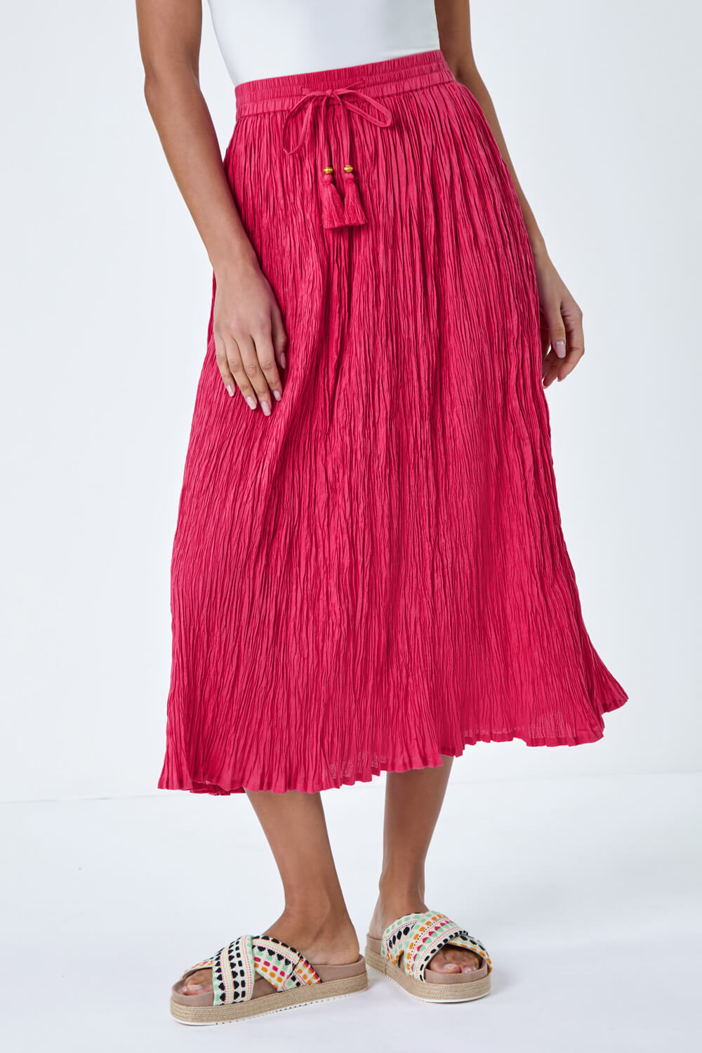 PINK Crinkle Cotton Textured Tassel Midi Skirt, Image 4 of 5