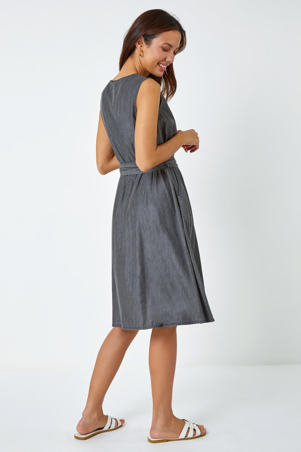 Dark Grey Sleeveless Belted Cotton Dress, Image 3 of 5