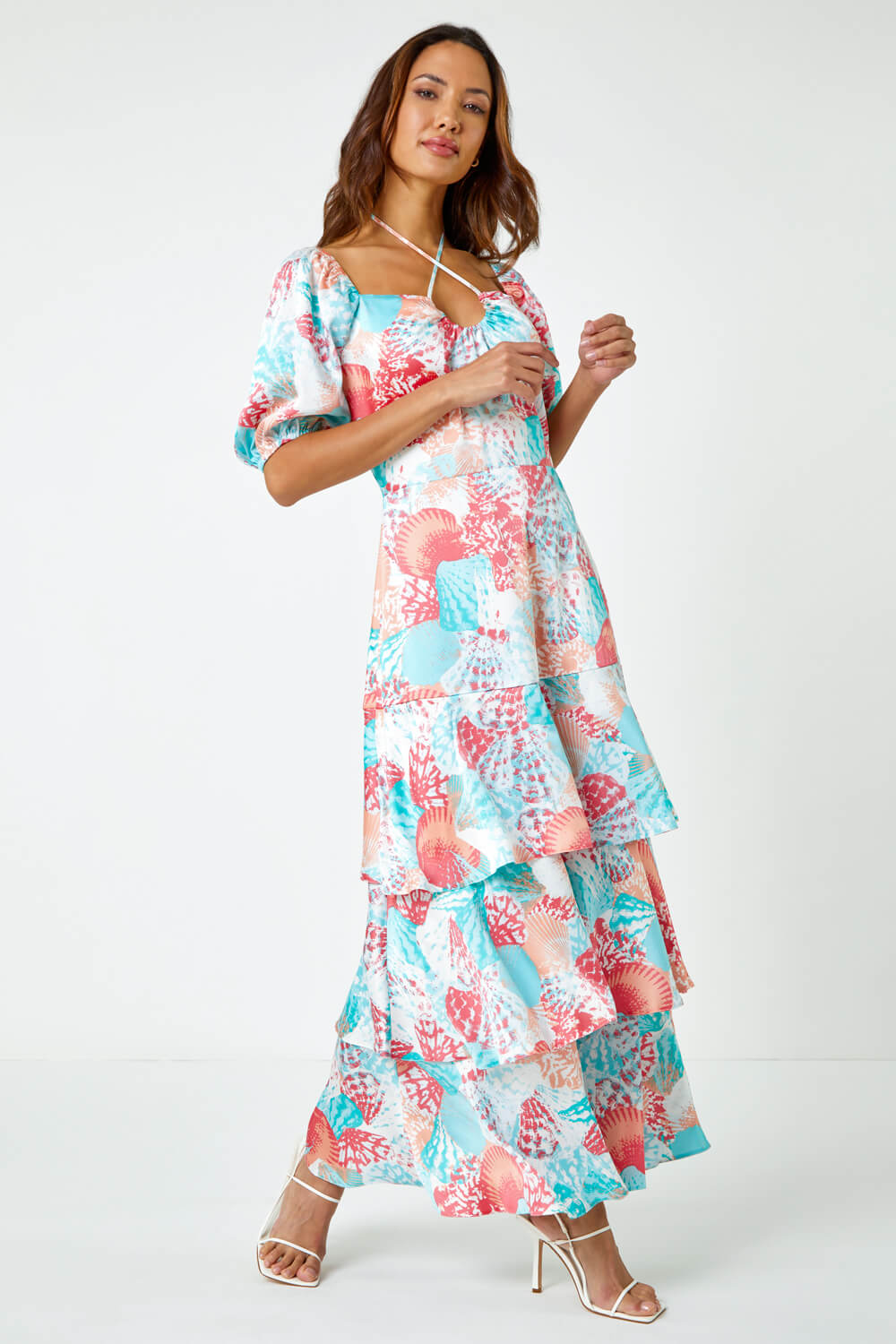 Turquoise Puff Sleeve Tiered Maxi Dress, Image 4 of 5