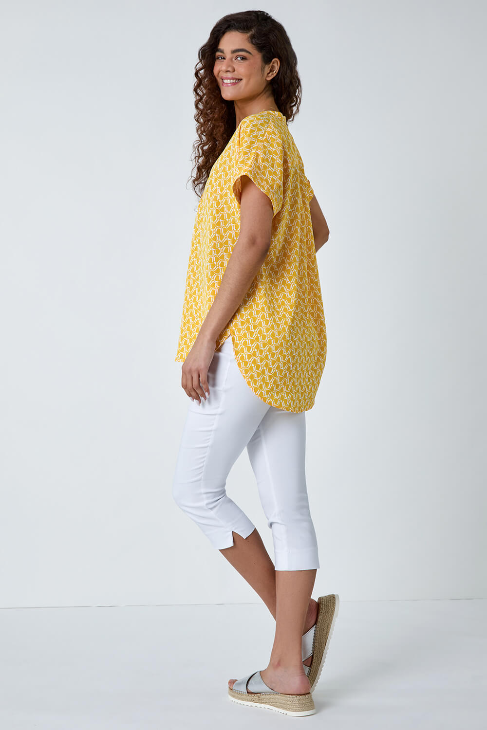 Yellow Abstract Print Woven Pleat Front Top, Image 3 of 5
