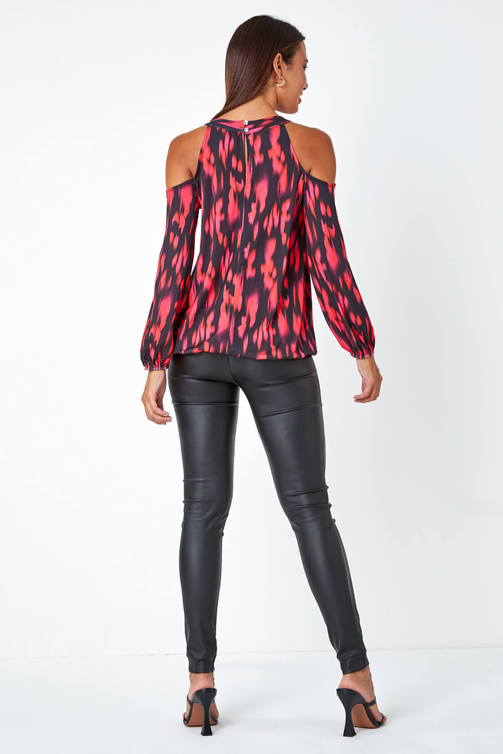 Fuchsia Abstract Print Cold Shoulder Stretch Top, Image 3 of 5