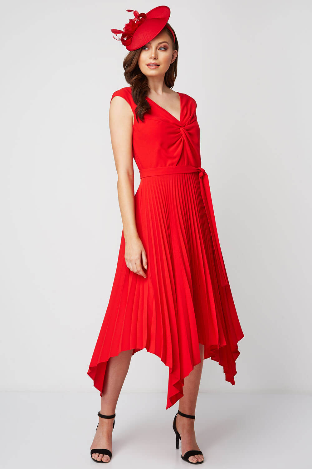 Red Pleated Hanky Hem Midi Dress, Image 3 of 5