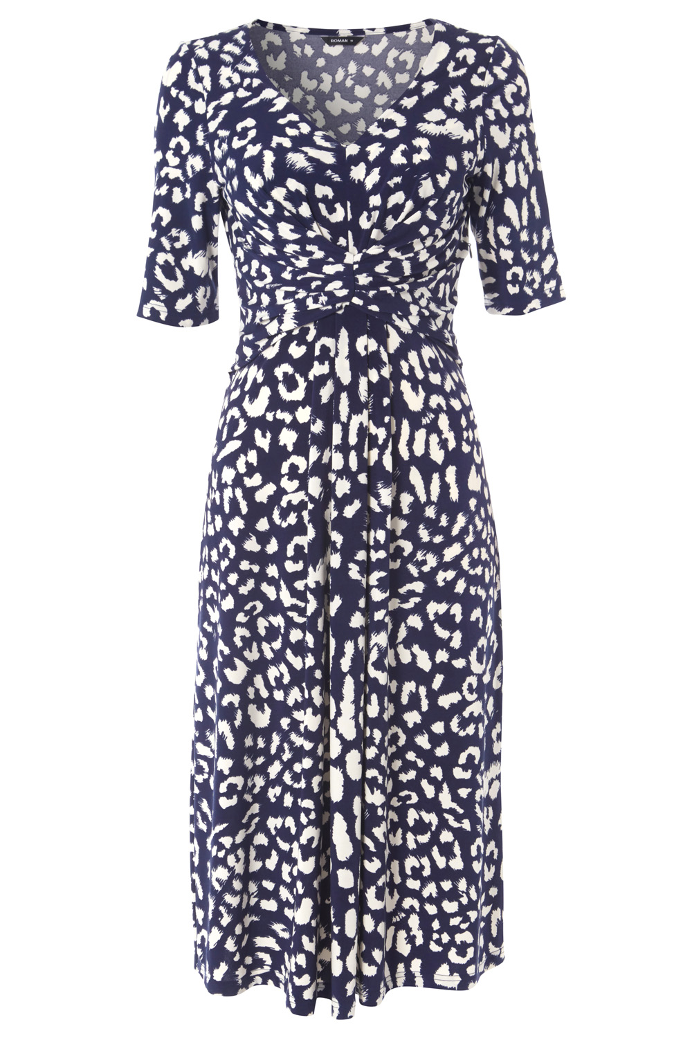 Navy  Leopard Print Ruched Fit And Flare Dress, Image 5 of 5