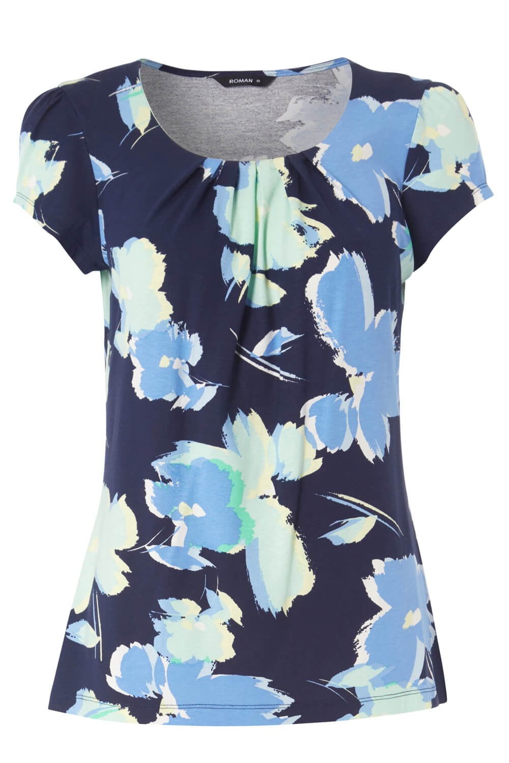 Navy  Floral Print Pleat Neck Top, Image 5 of 5