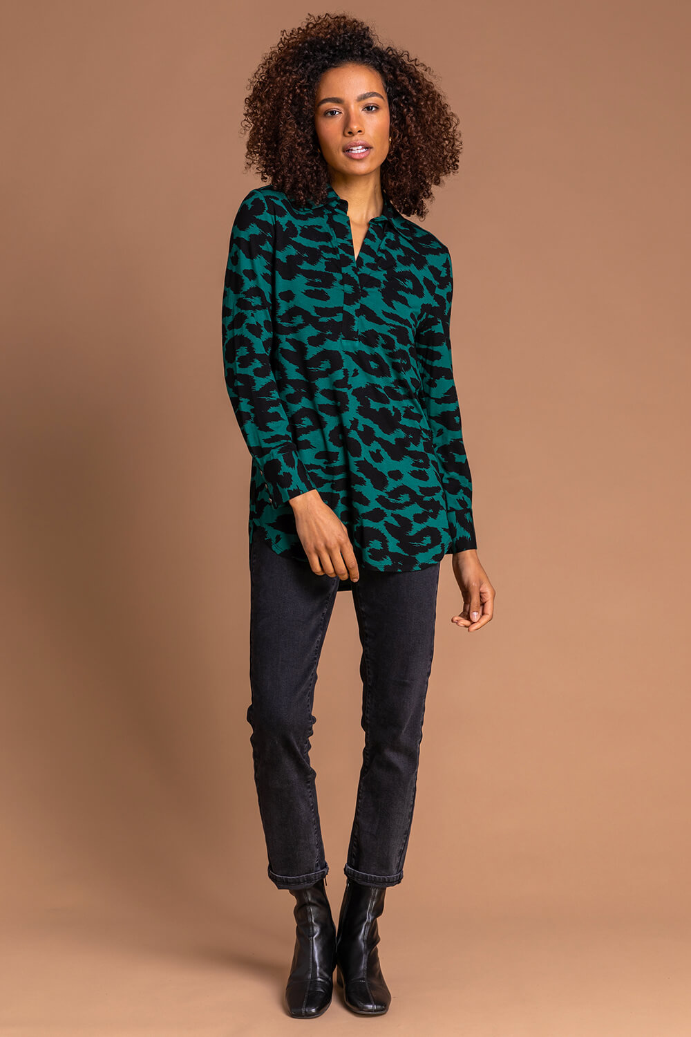 Forest  Leopard Print Button Up Long Sleeve Blouse, Image 3 of 4