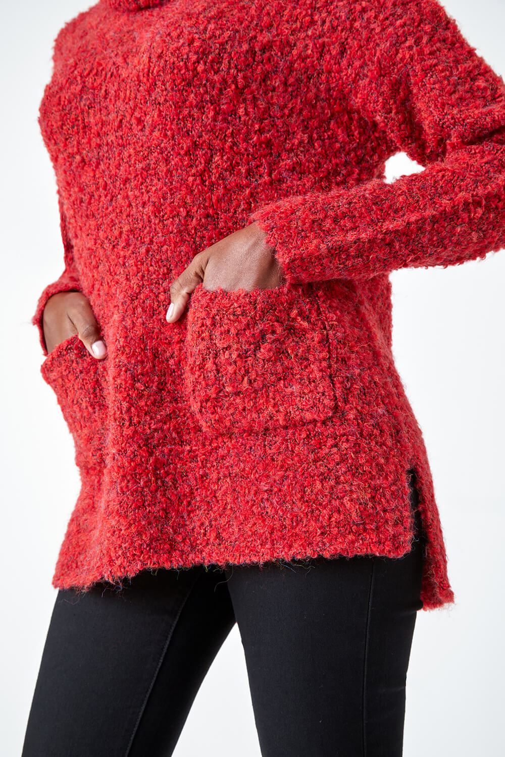 Red Longline Textured Roll Neck Pocket Jumper, Image 5 of 5