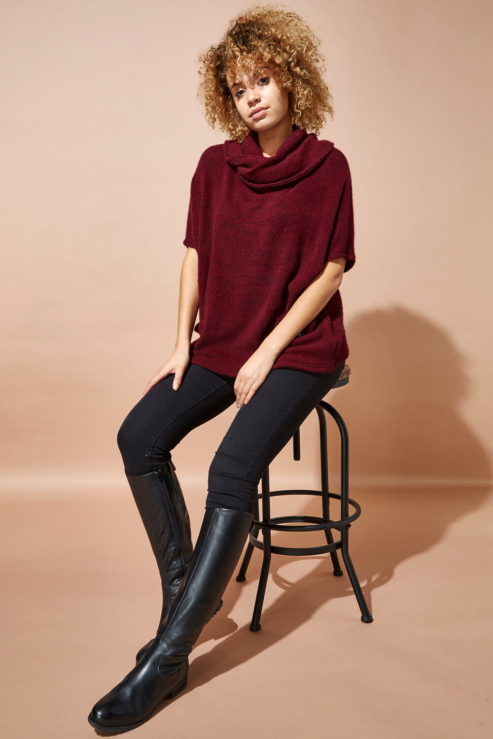 Wine Cowl Neck Textured Tunic Top, Image 3 of 5