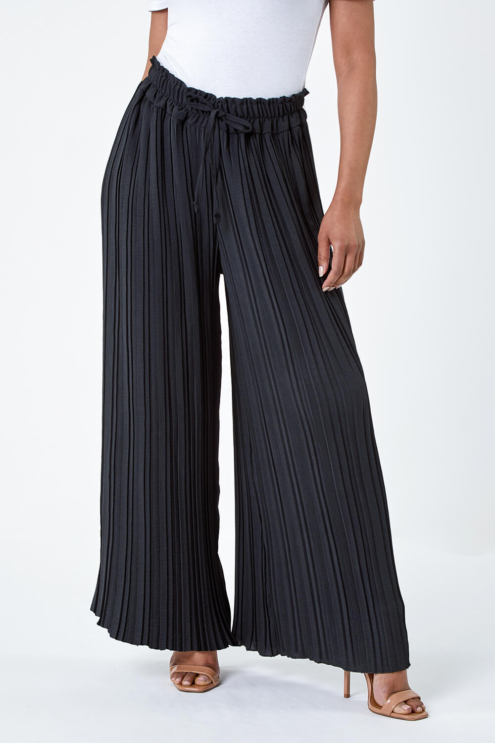 Black Petite Pleated Wide Leg Trousers, Image 4 of 5