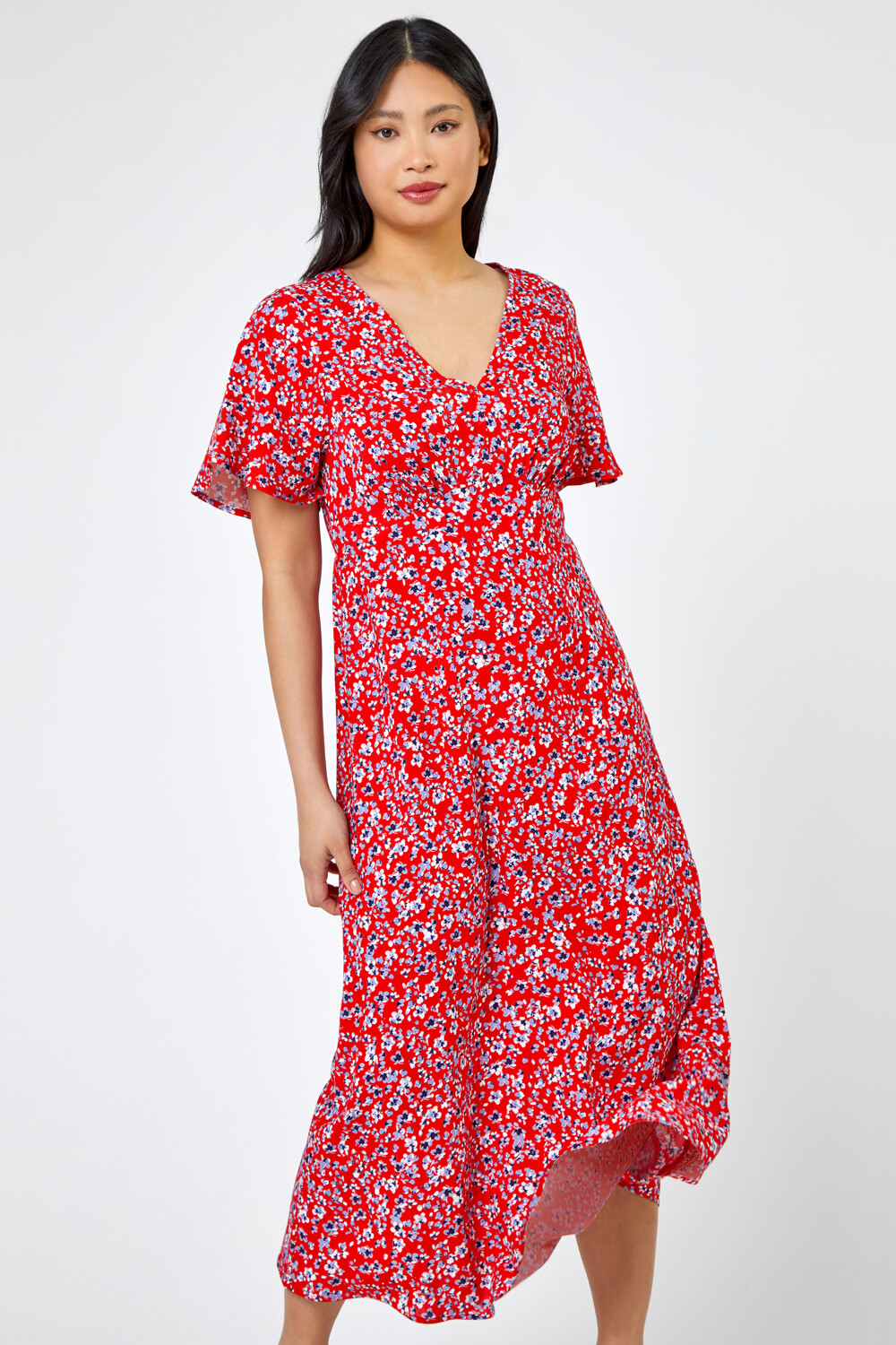 Red Petite Floral Print Flute Sleeve Dress, Image 3 of 5