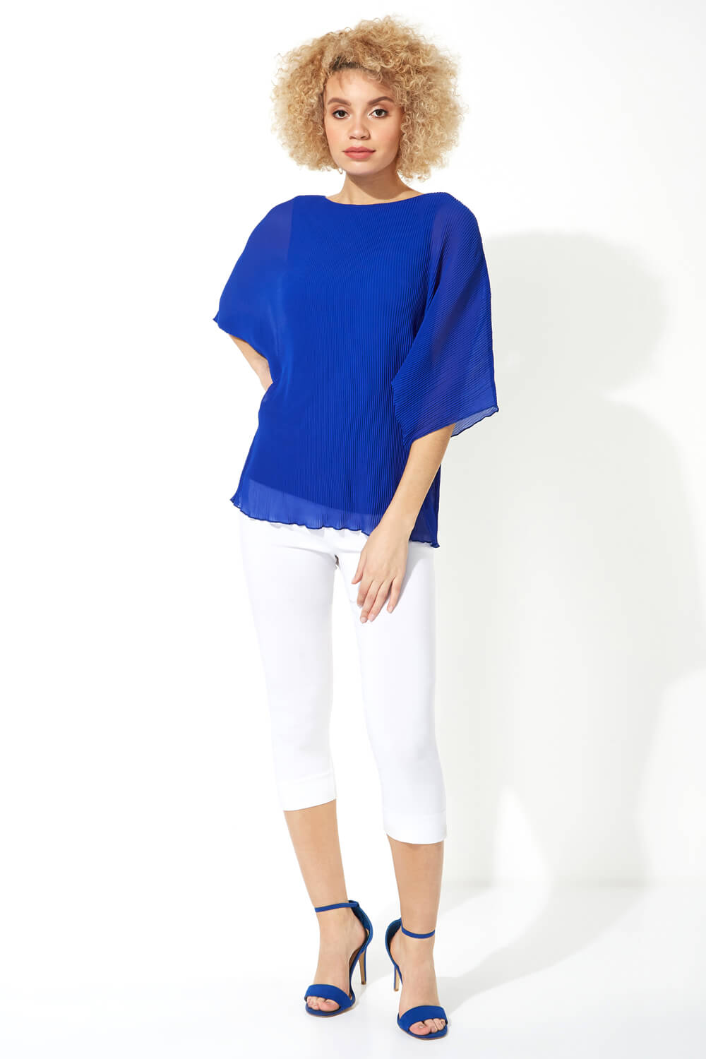 Royal Blue Pleated Chiffon Overlay Top, Image 2 of 8