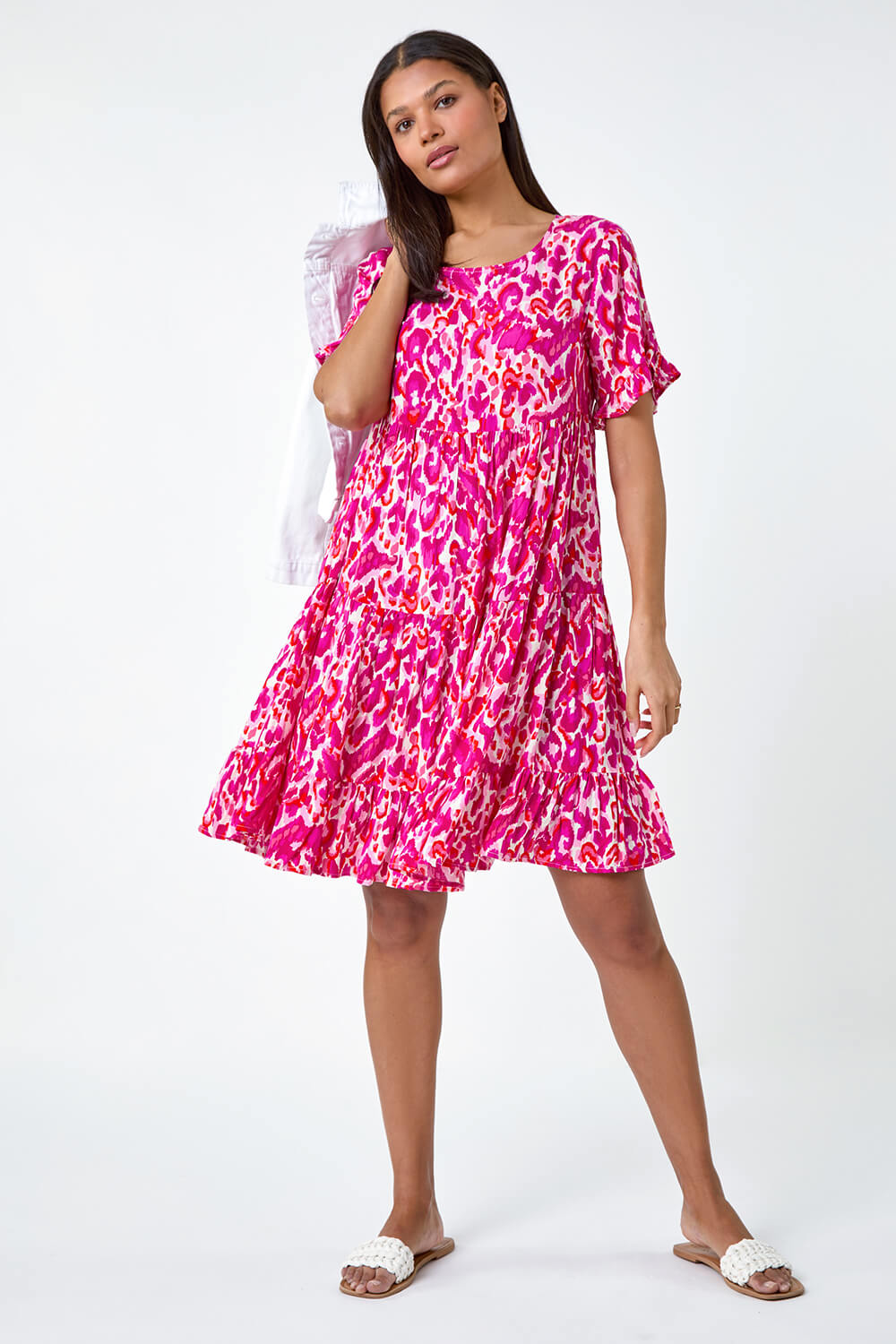 PINK Abstract Print Tiered Smock Dress, Image 2 of 5