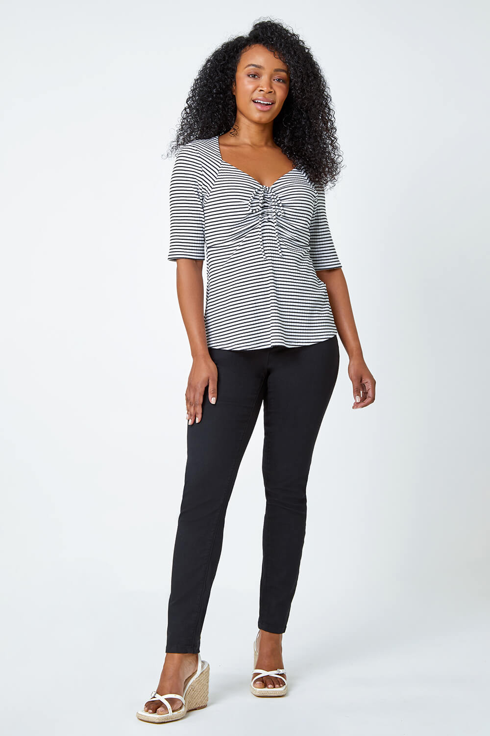 Black Petite Stripe Ruched Stretch Top, Image 4 of 5