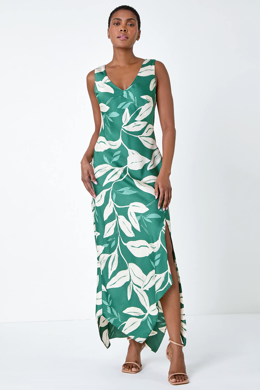 Green Leaf Print Satin Midi Dress, Image 6 of 6