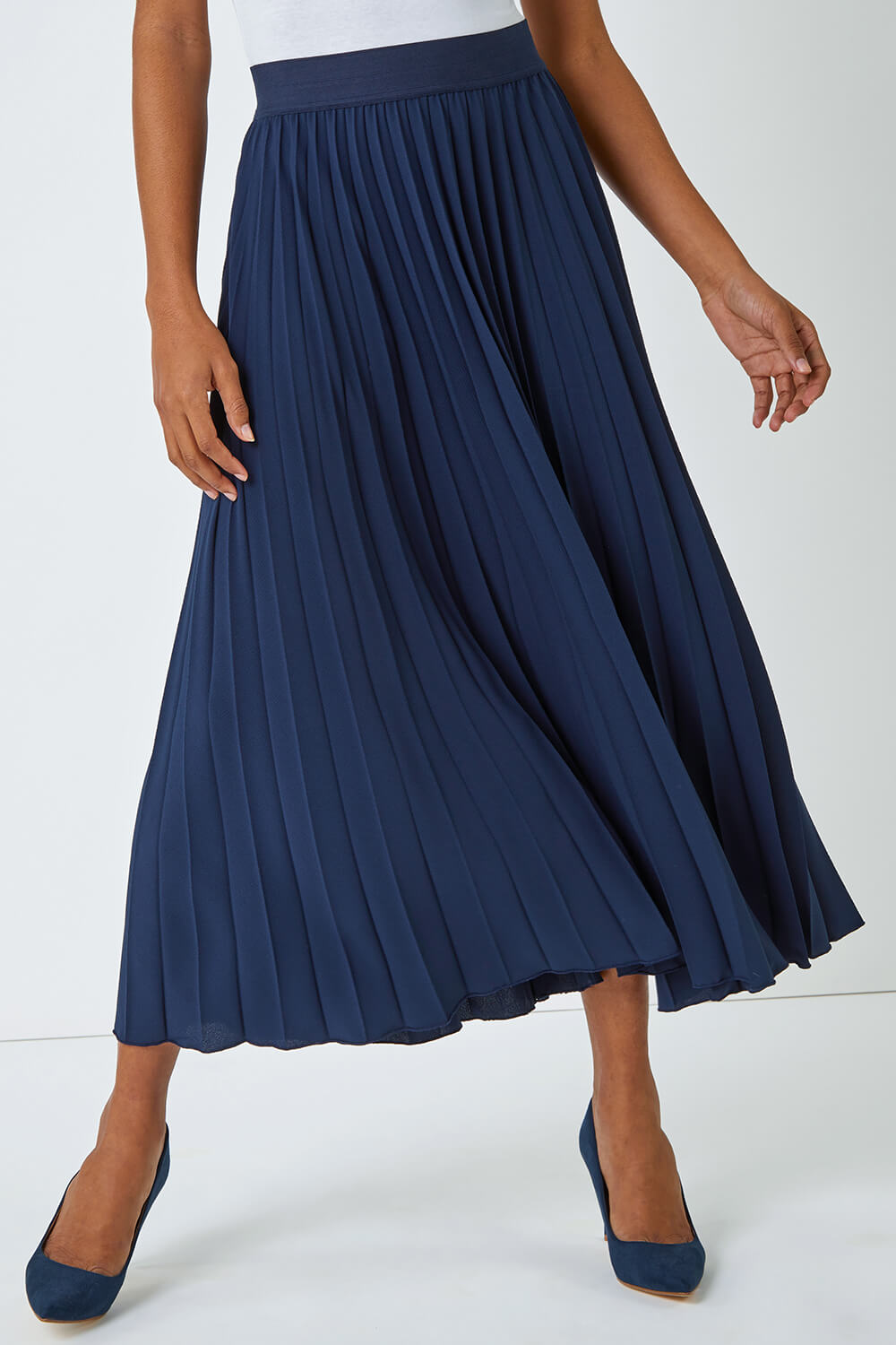 Navy  Pleated Maxi Stretch Skirt, Image 5 of 5