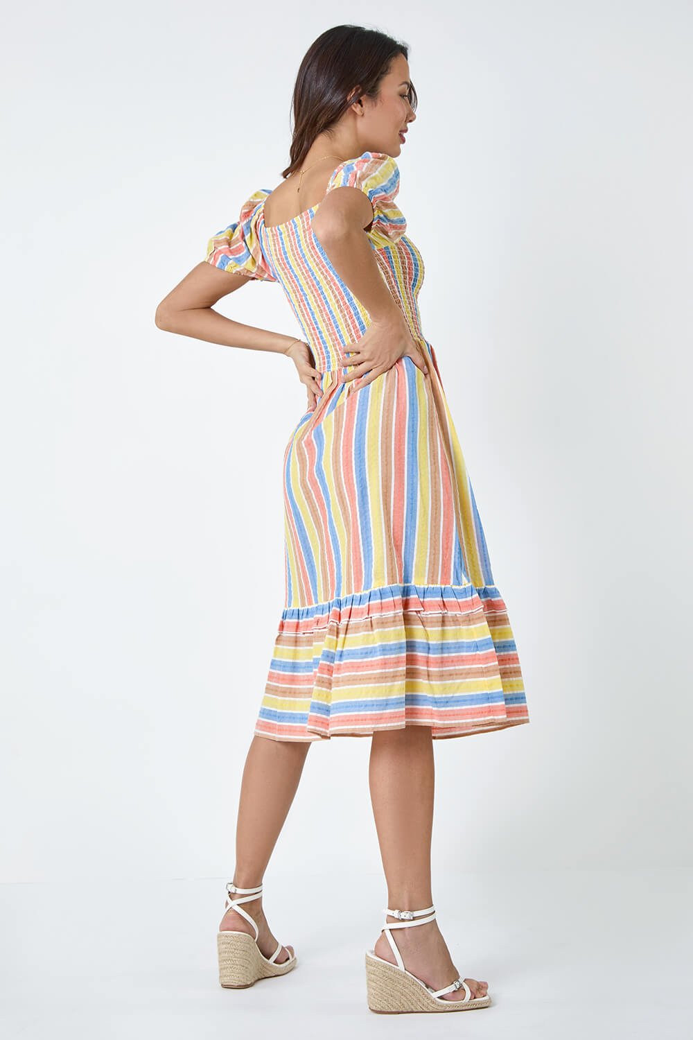 Yellow Stripe Shirred Puff Sleeve Cotton Dress, Image 3 of 6