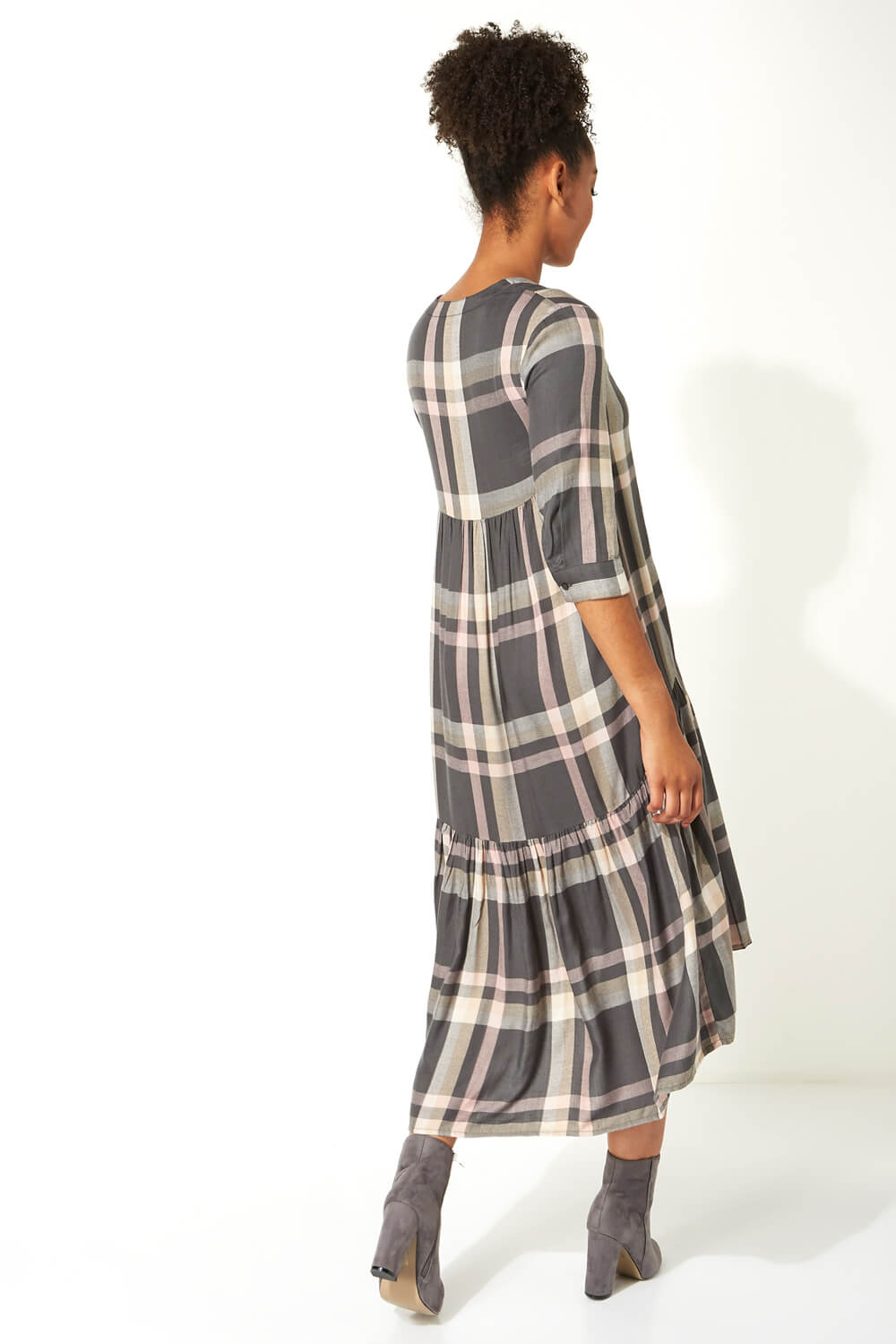 Grey  V-Neck Check Print Tiered Dress, Image 3 of 5