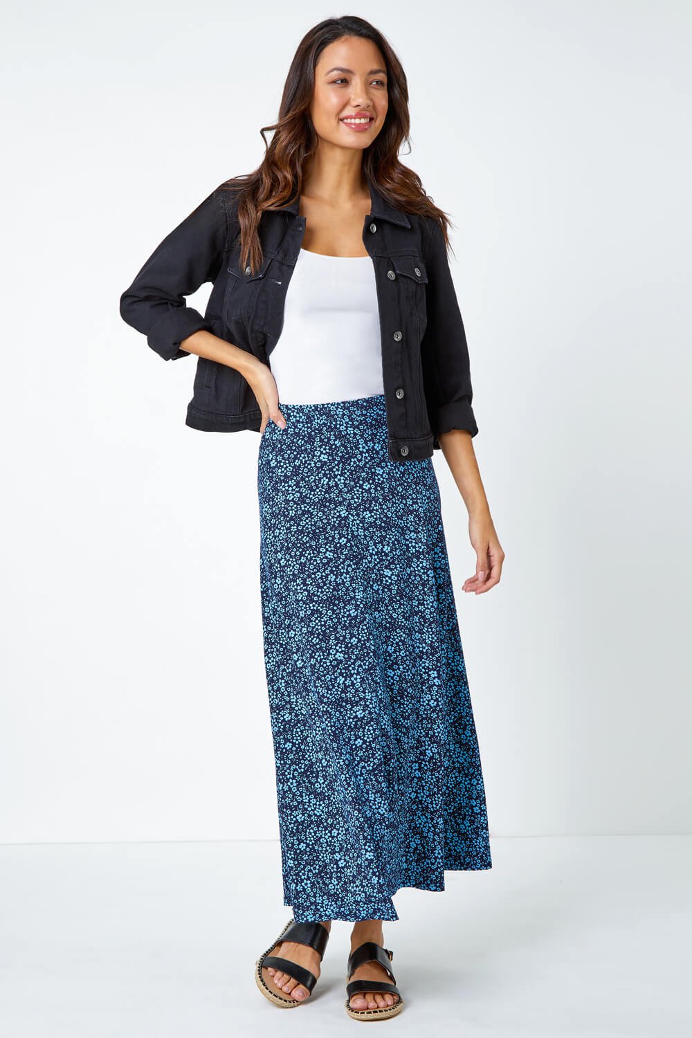 Blue Ditsy Floral Stretch Midi Skirt, Image 2 of 5