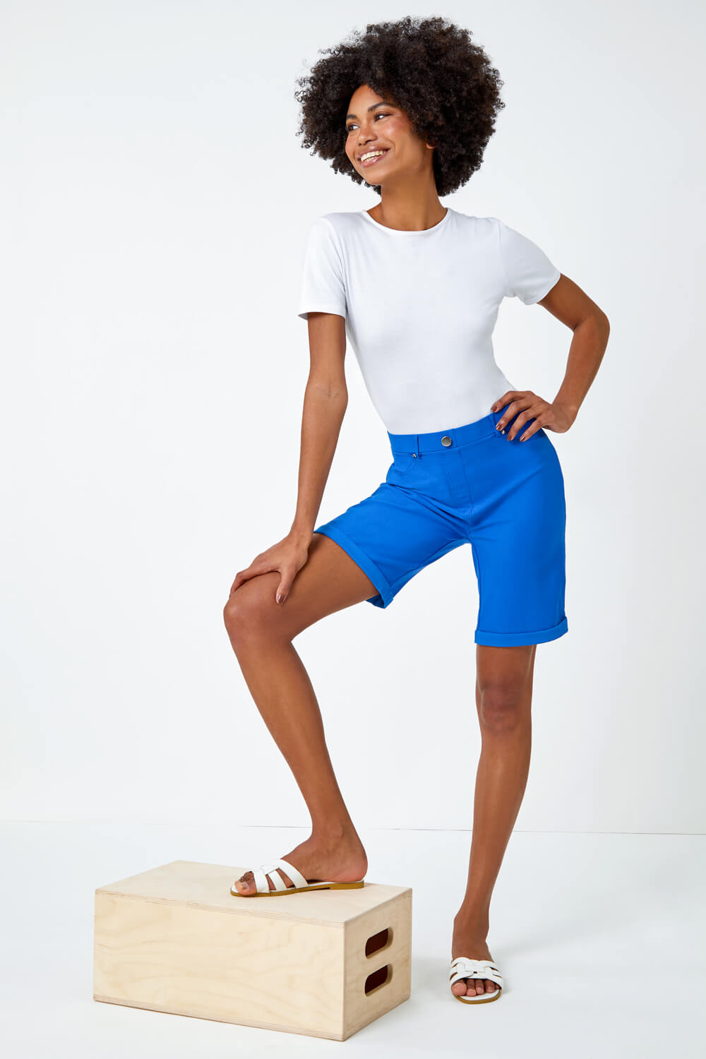Bright Blue Turn Up Stretch Shorts, Image 1 of 5