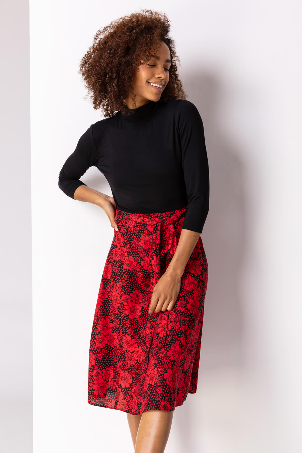 Red Floral Print Fit And Flare Dress, Image 3 of 5