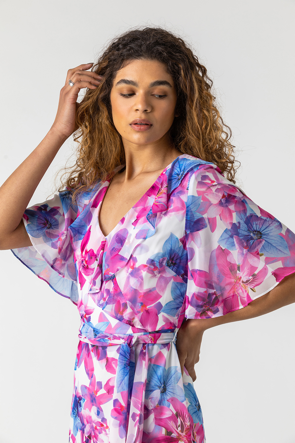 PINK Floral Print Frill Wrap Dress, Image 4 of 5