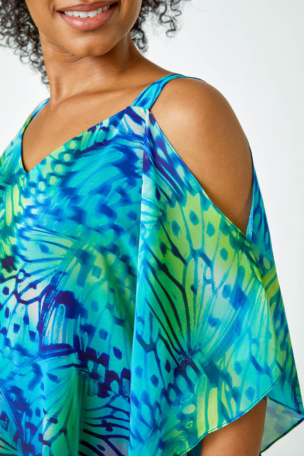 Turquoise Petite Butterfly Cold Shoulder Top, Image 5 of 5
