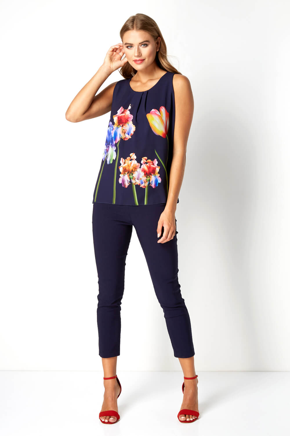 Navy  Floral Chiffon Overlay Top, Image 2 of 4