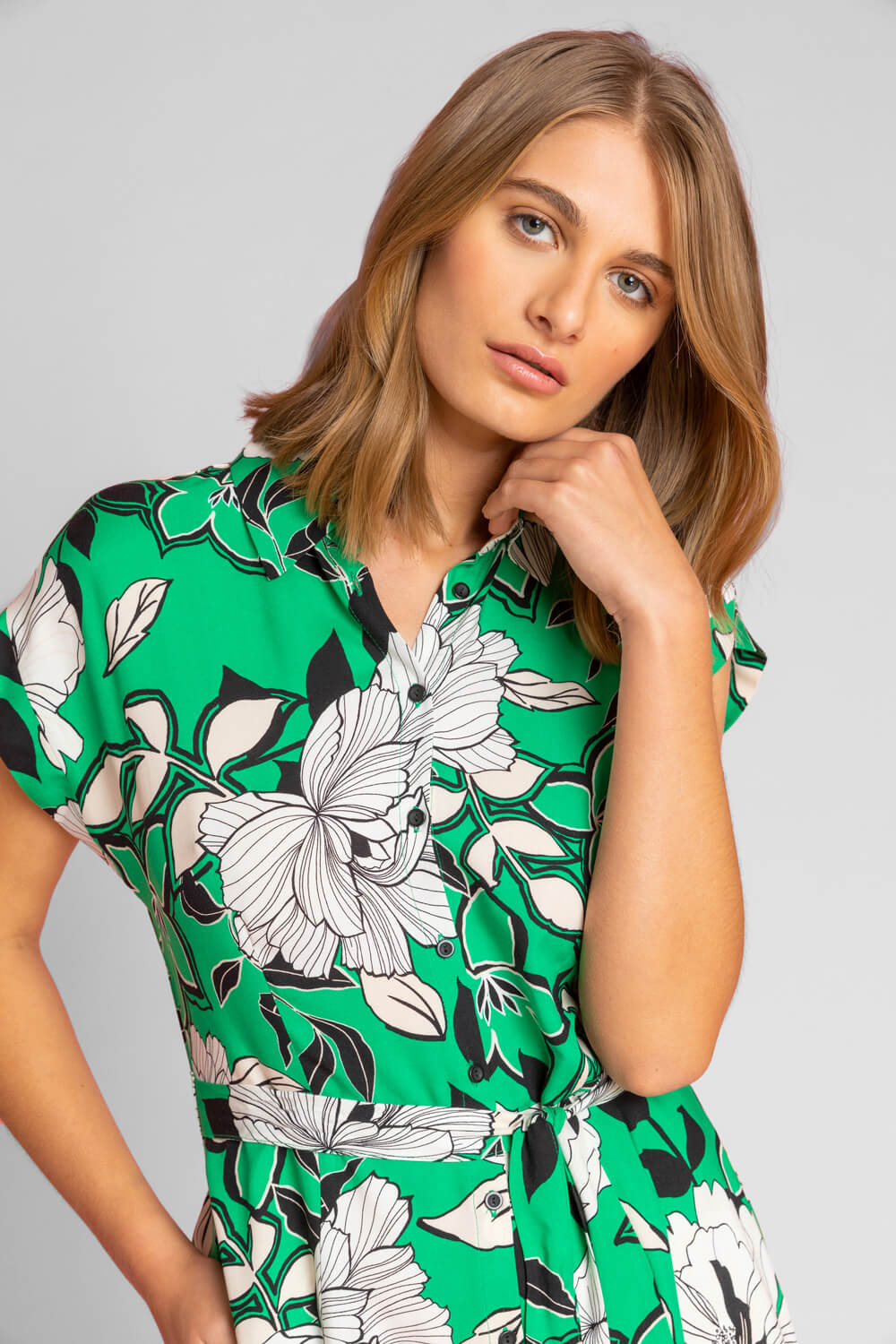 Green Floral Print Belted Shirt Dress, Image 4 of 4