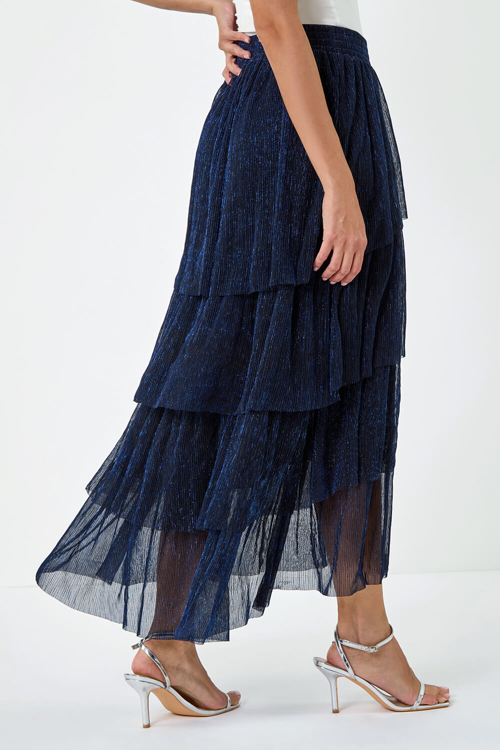 Midnight Blue Shimmer Tiered Mesh Maxi Skirt, Image 4 of 5