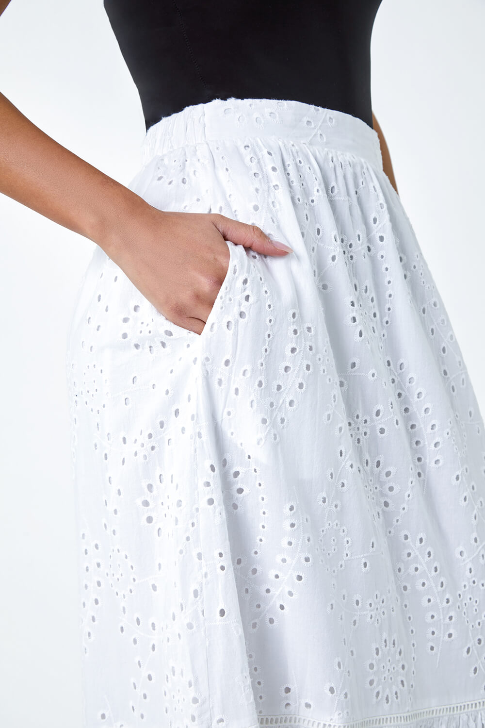 White Cotton Broderie Pocket Midi Skirt, Image 5 of 5