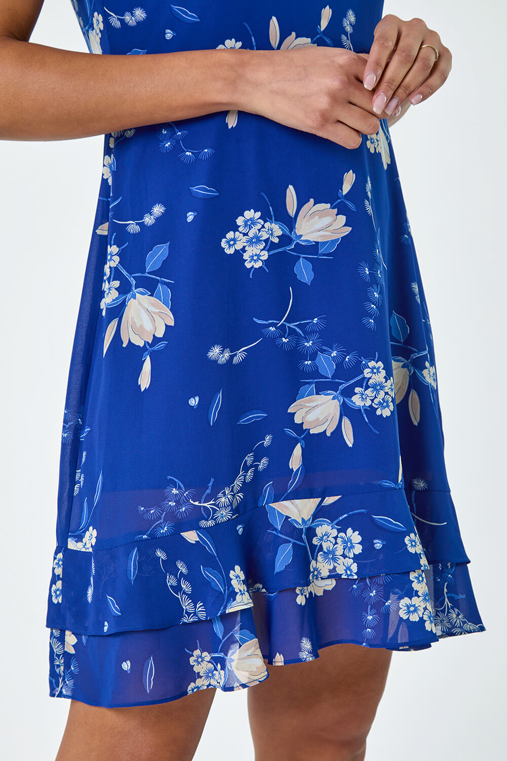 Blue Floral Print Frill Detailed Skater Dress, Image 5 of 5