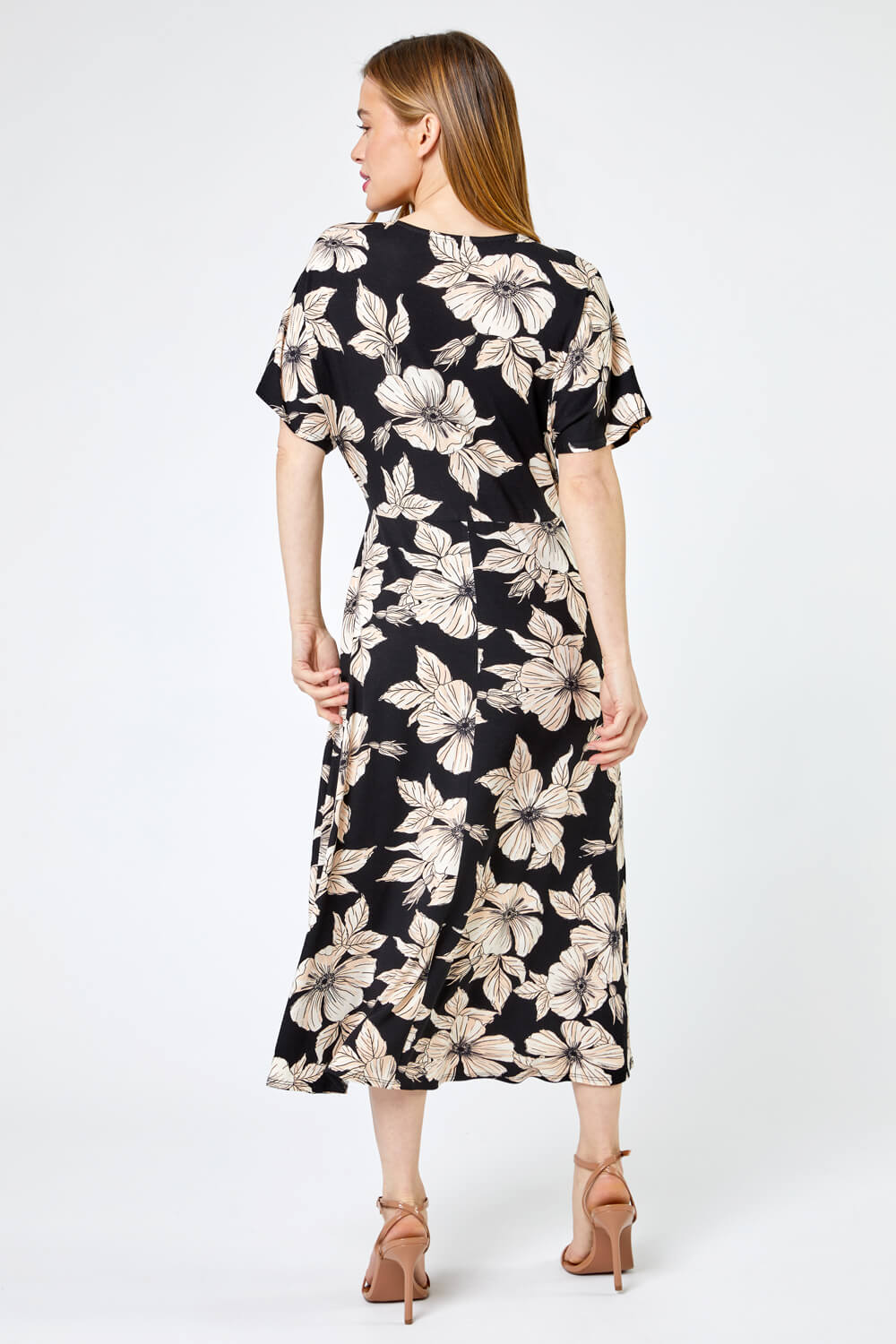 Black Petite Floral Print Ruched Midi Dress, Image 2 of 4