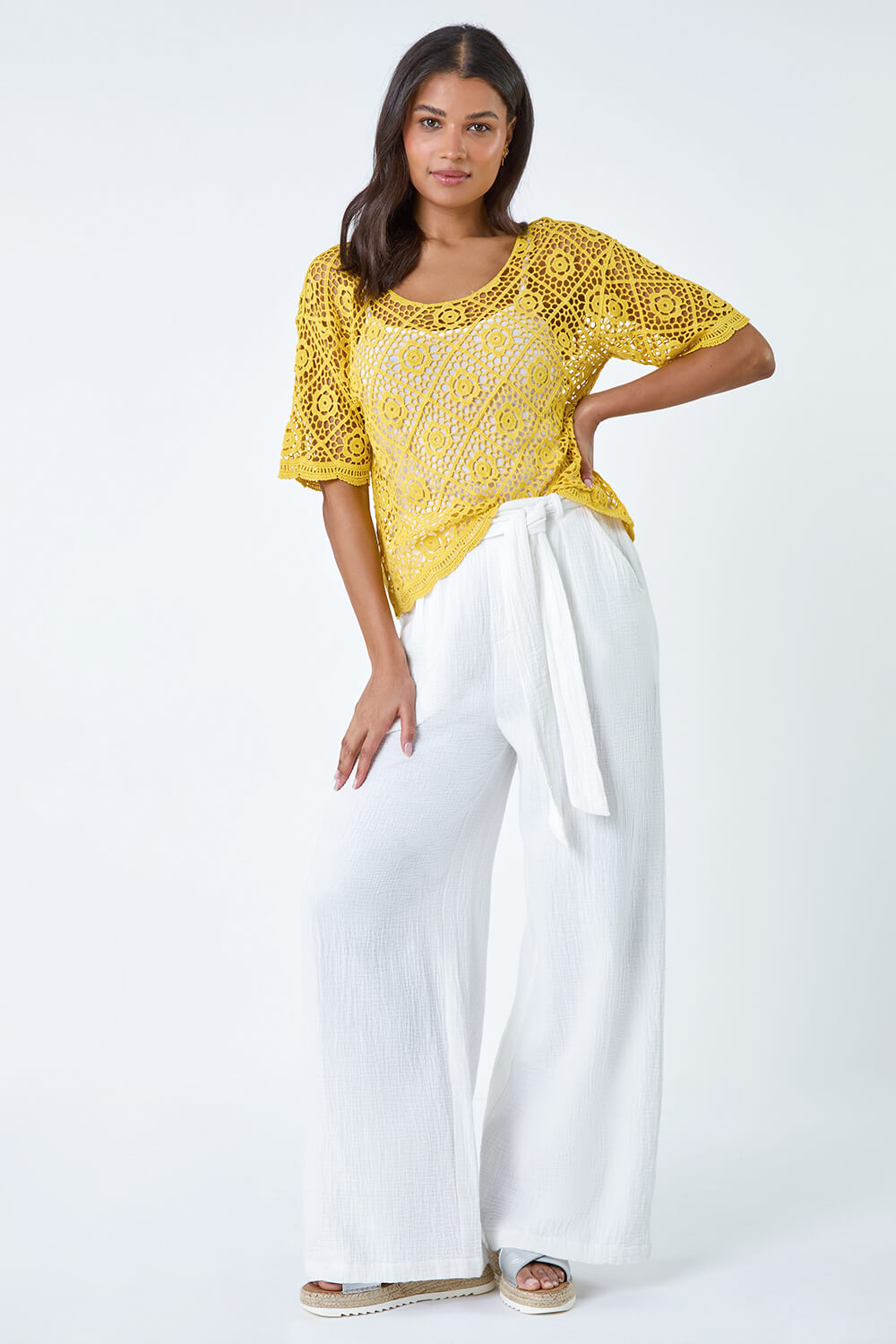 Yellow Cotton Crochet T-Shirt, Image 4 of 7