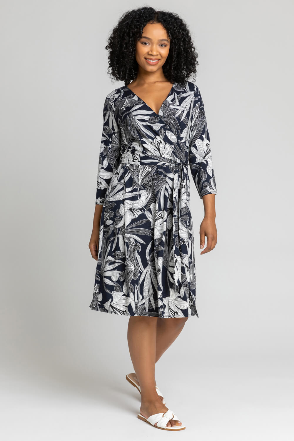 Navy  Petite Floral Lily Print Belted Wrap Dress, Image 3 of 4
