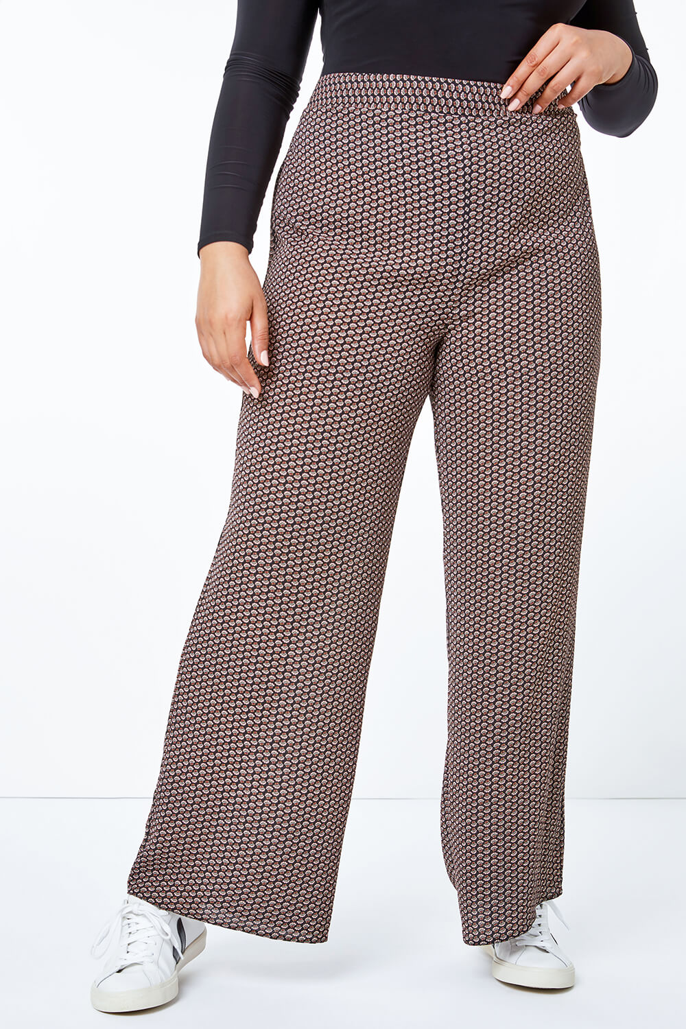 Mocha Curve Printed Wide Leg Trousers, Image 4 of 5