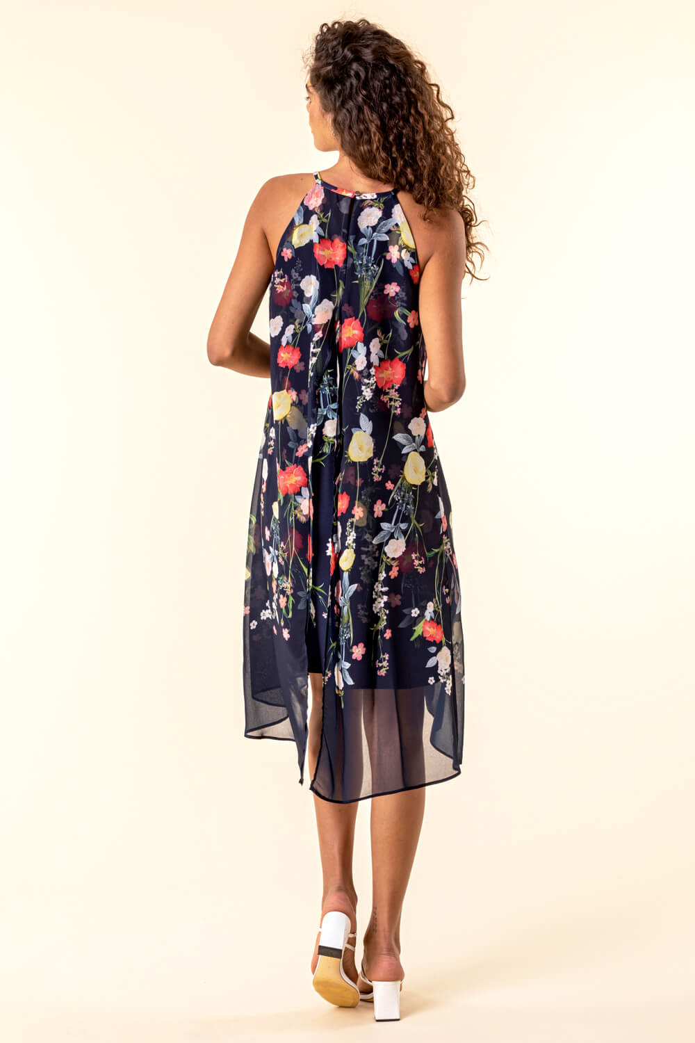 Navy  Floral Chiffon Overlay Dress, Image 2 of 4