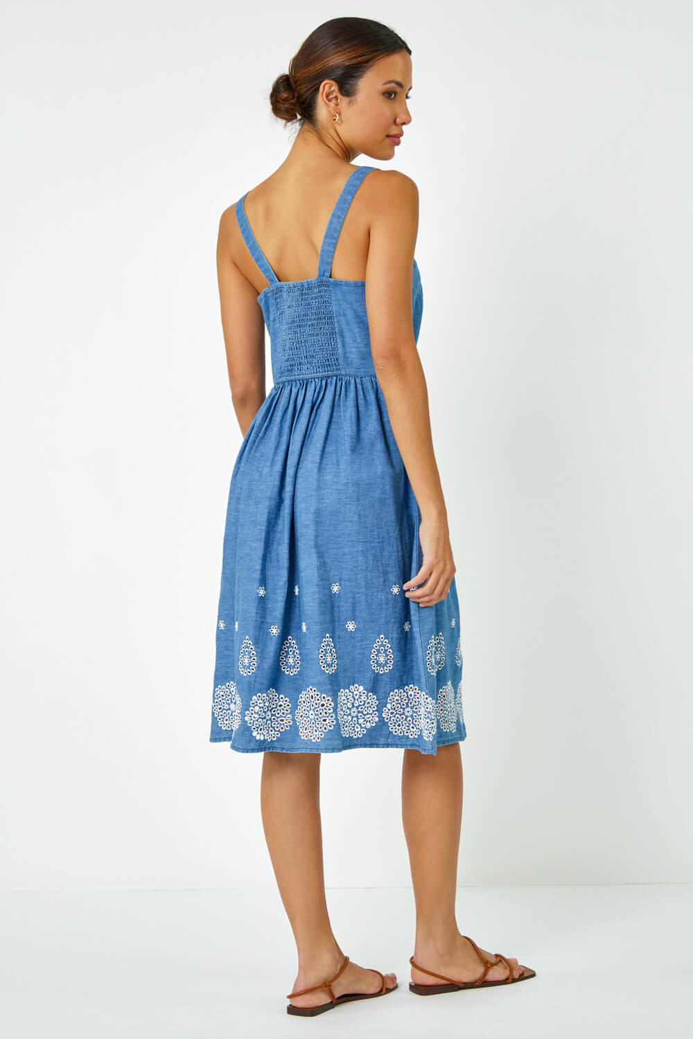 Denim Sleeveless Cotton Embroidered Midi Dress, Image 3 of 5