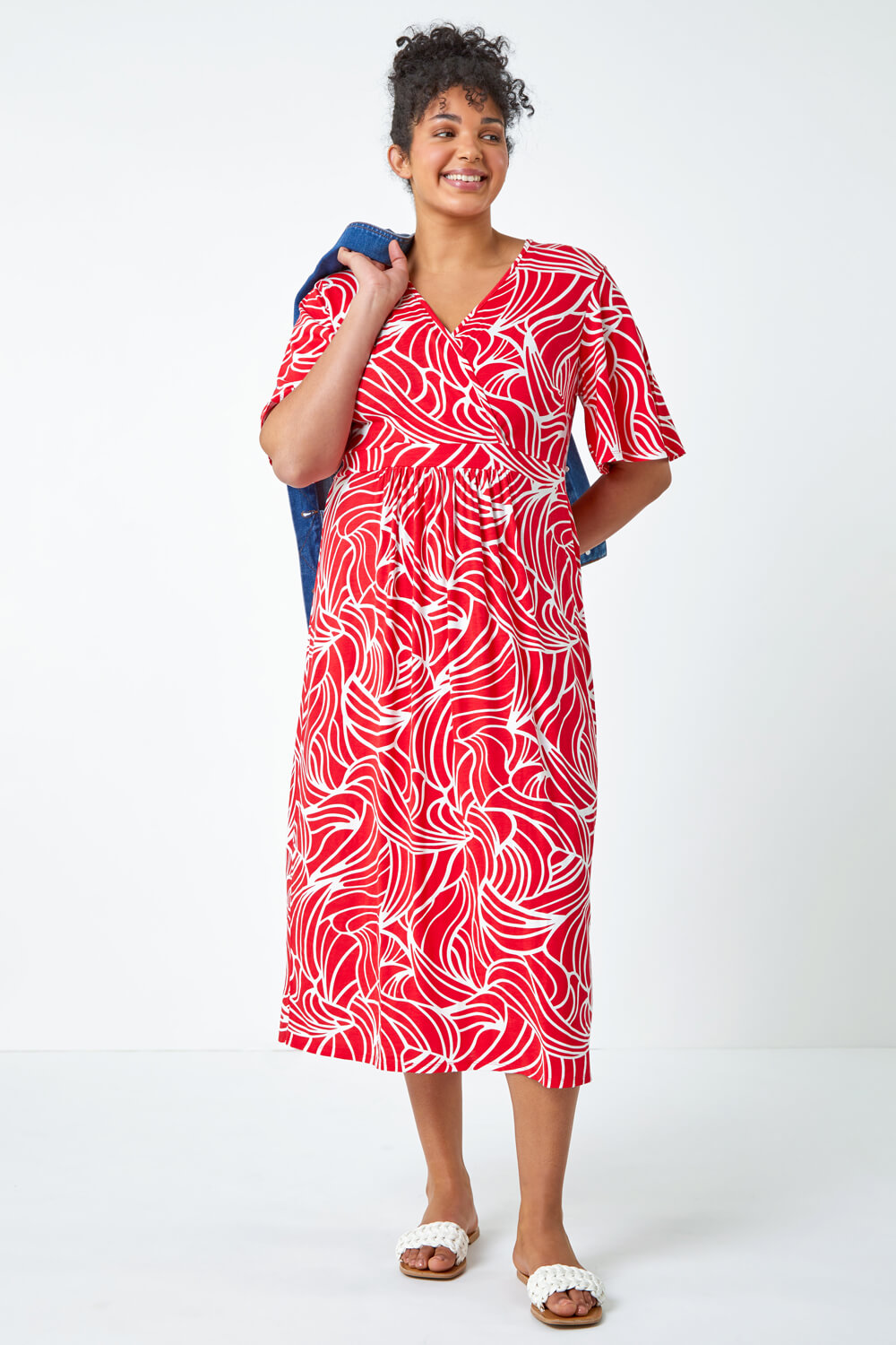 Red Curve Linear Print Midi Wrap Dress, Image 2 of 5