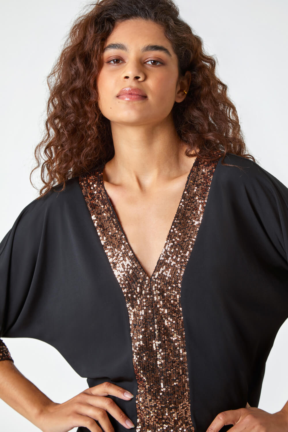 Black Sequin Detail Keyhole Stretch Top , Image 4 of 5