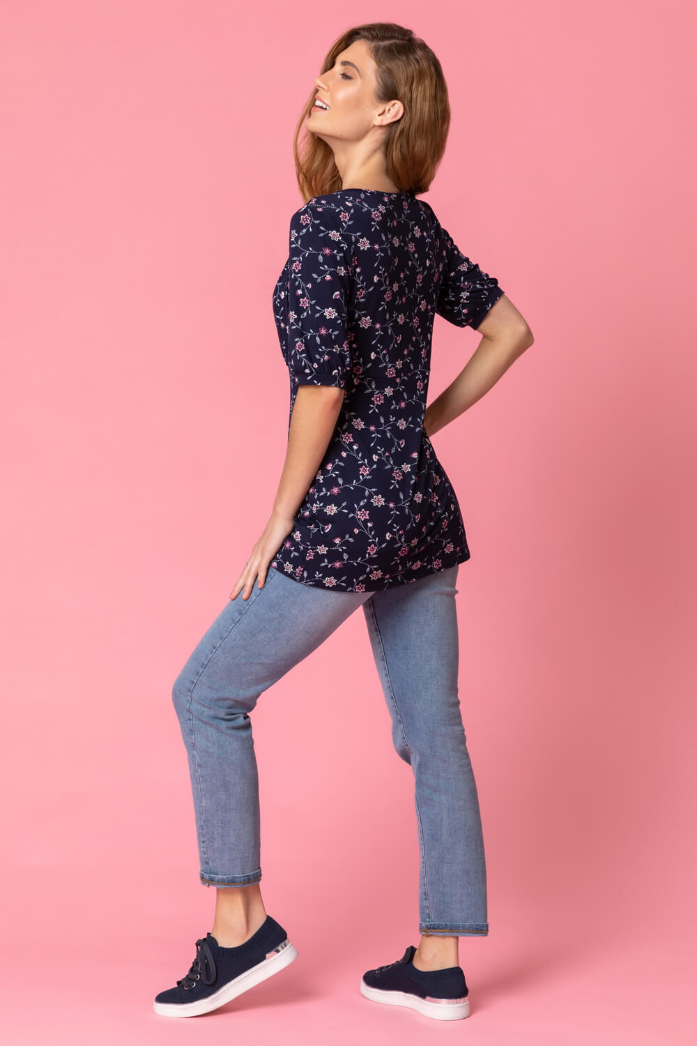 Navy  Floral Print 3/4 Sleeve Jersey Top, Image 2 of 4