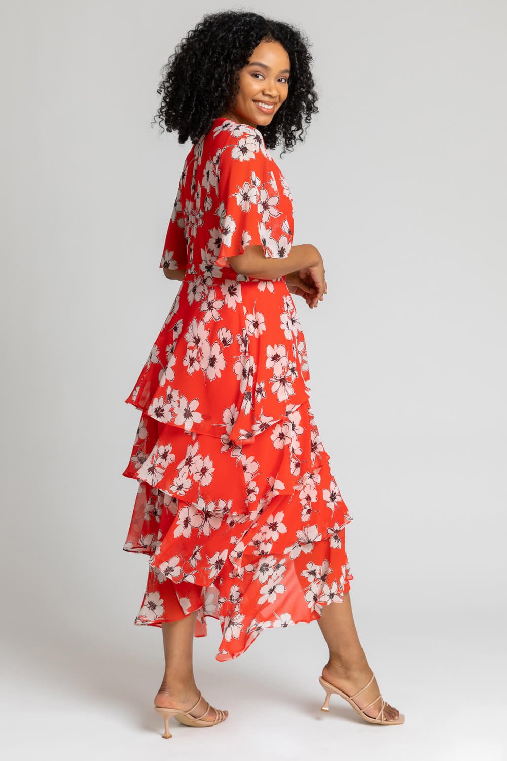 Red Petite Floral Print Tiered Frill Dress, Image 2 of 5
