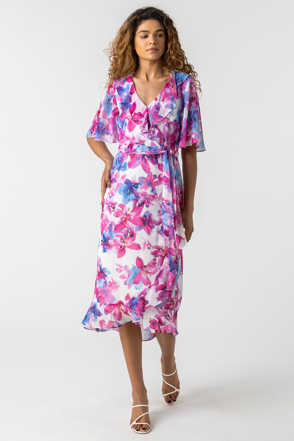PINK Floral Print Frill Wrap Dress, Image 5 of 5