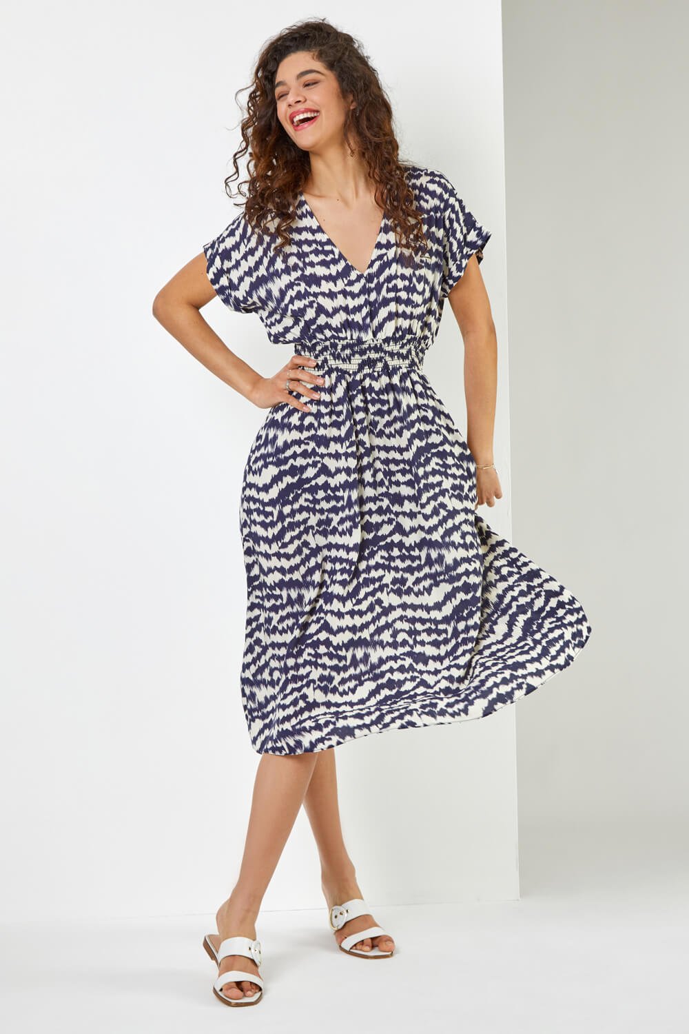 Navy  Abstract Print Fit & Flare Dress, Image 3 of 5