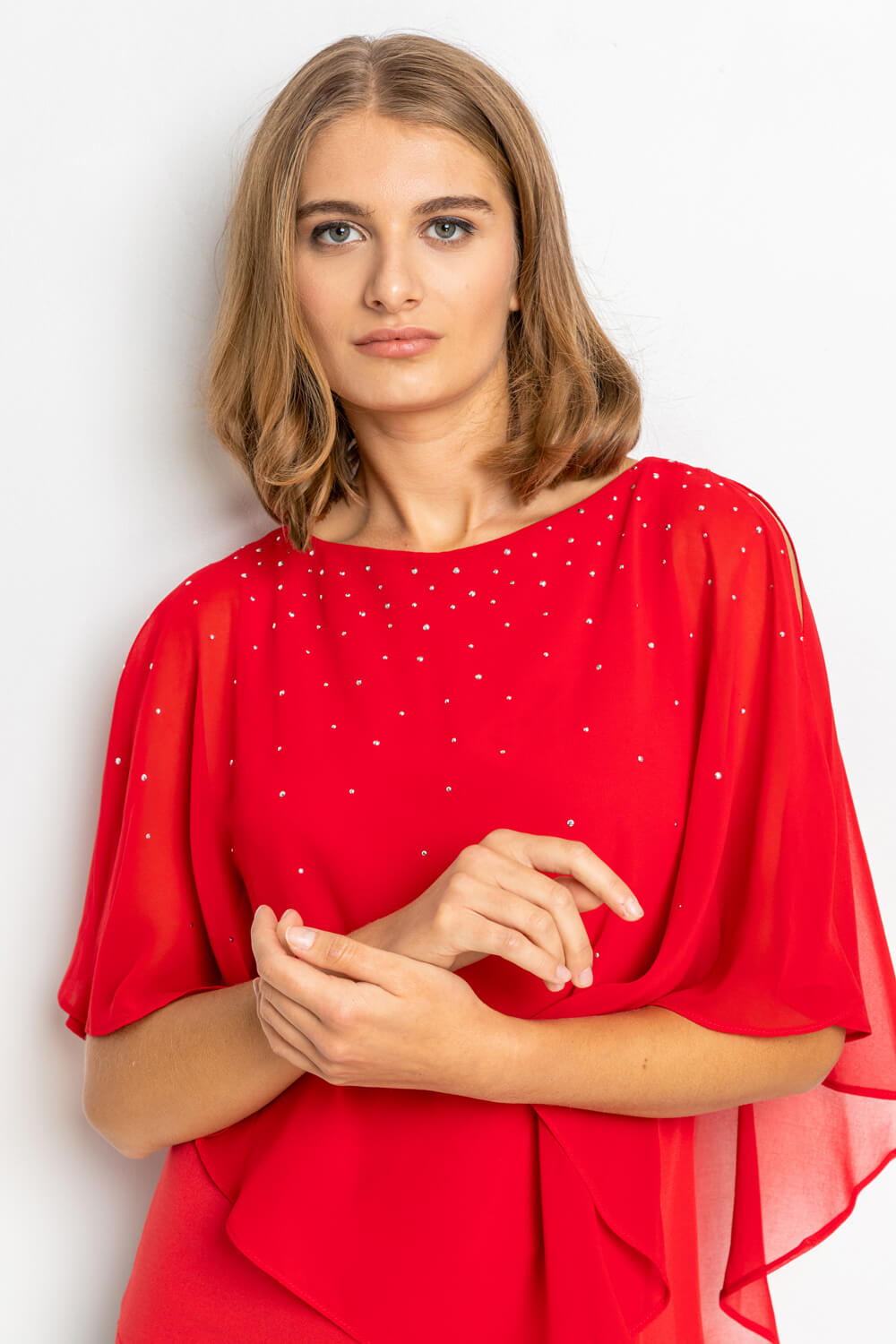 Red Embellished Chiffon Overlay Top, Image 4 of 5