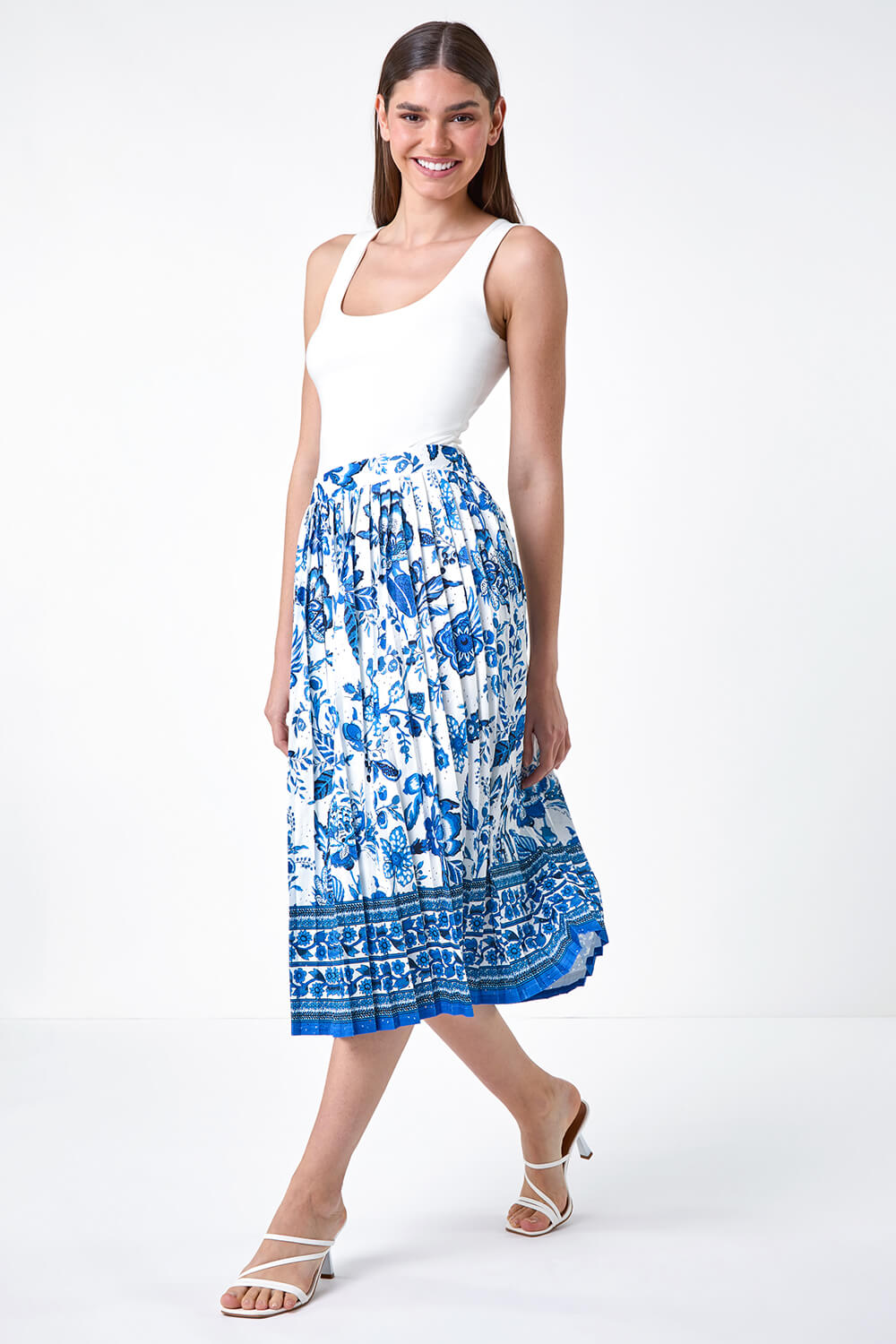 Blue Floral Broderie Stretch Pleated Midi Skirt, Image 2 of 5
