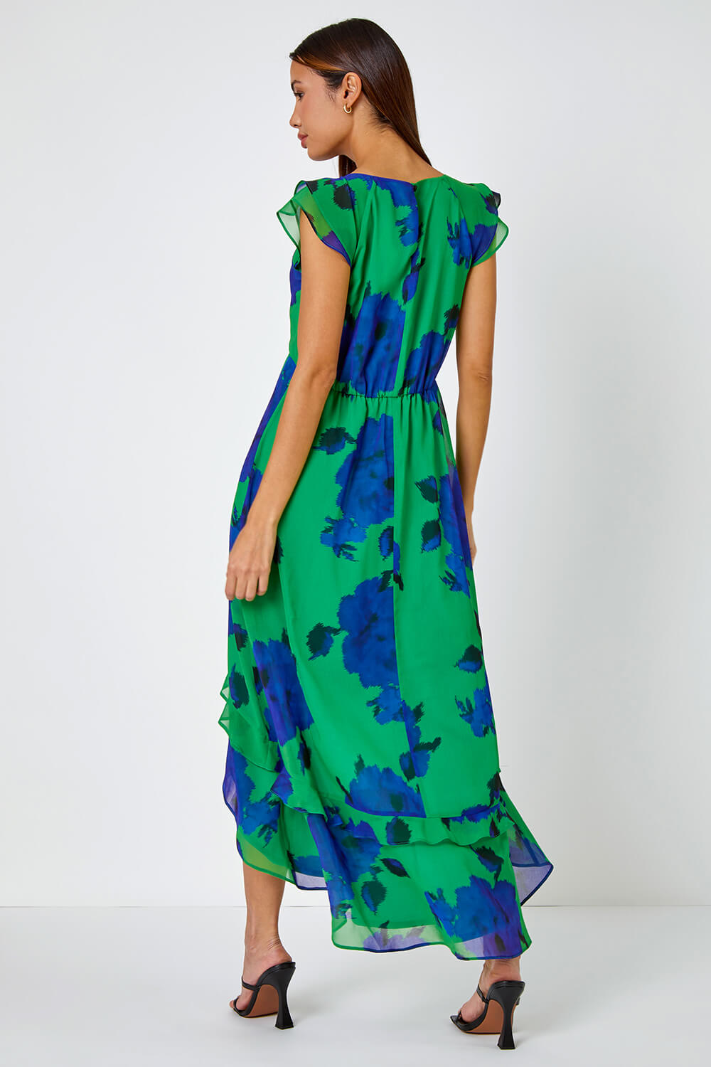 Green Floral Frill Detail Chiffon Midi Dress, Image 3 of 5