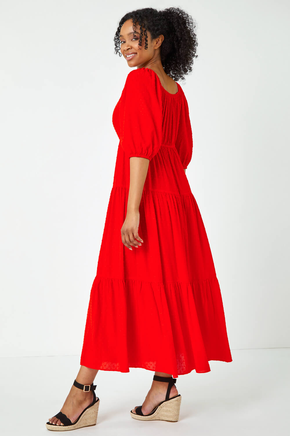 Red Petite Textured Spot Tiered Midi Dress, Image 3 of 5