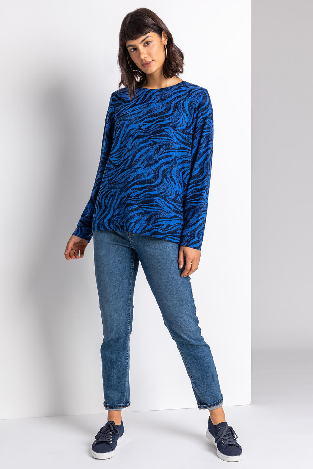 Royal Blue Animal Jacquard Puff Sleeve Sweatshirt, Image 3 of 4