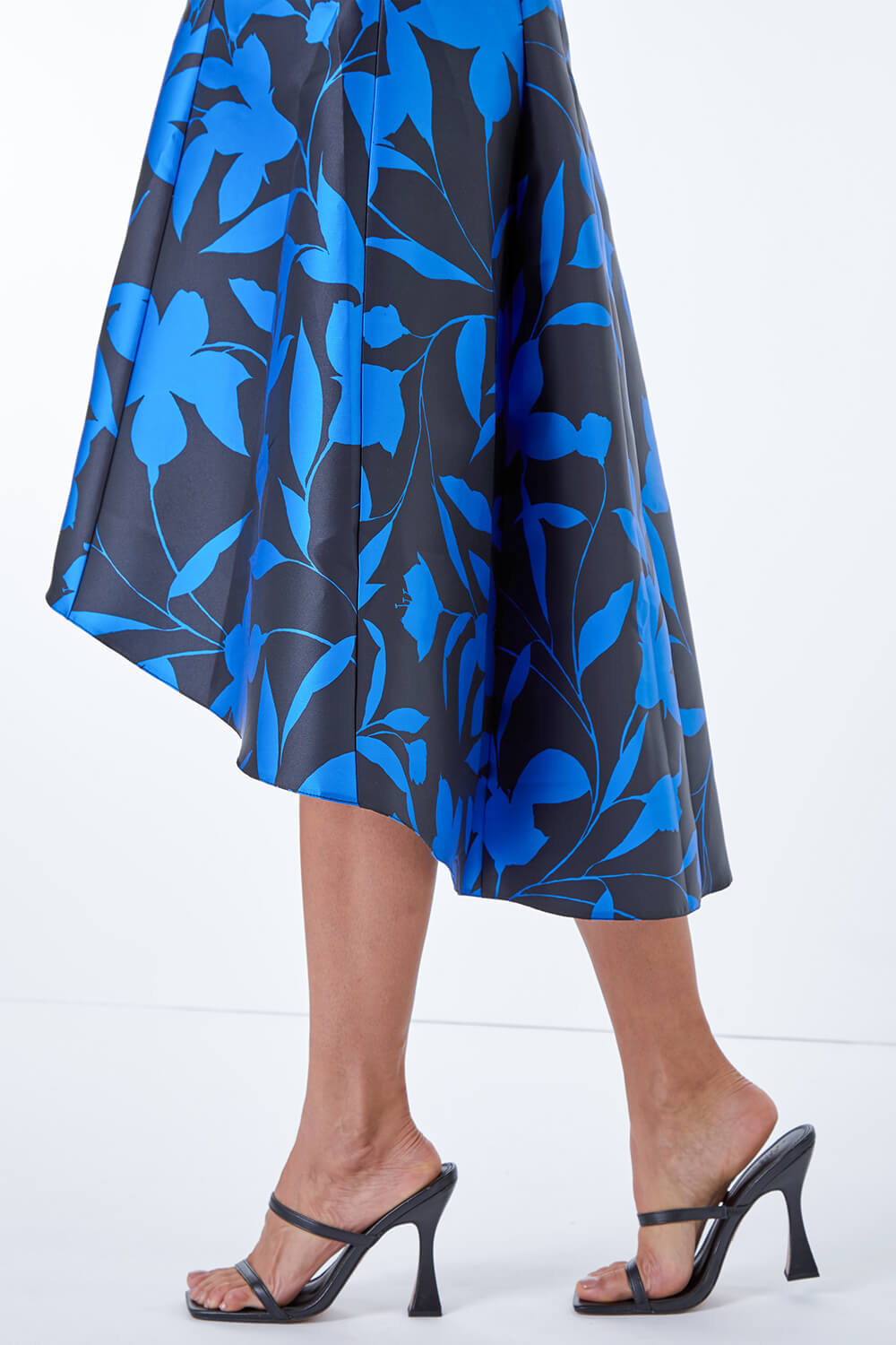Royal Blue Floral Print Dipped Hem Jacquard Dress , Image 5 of 5