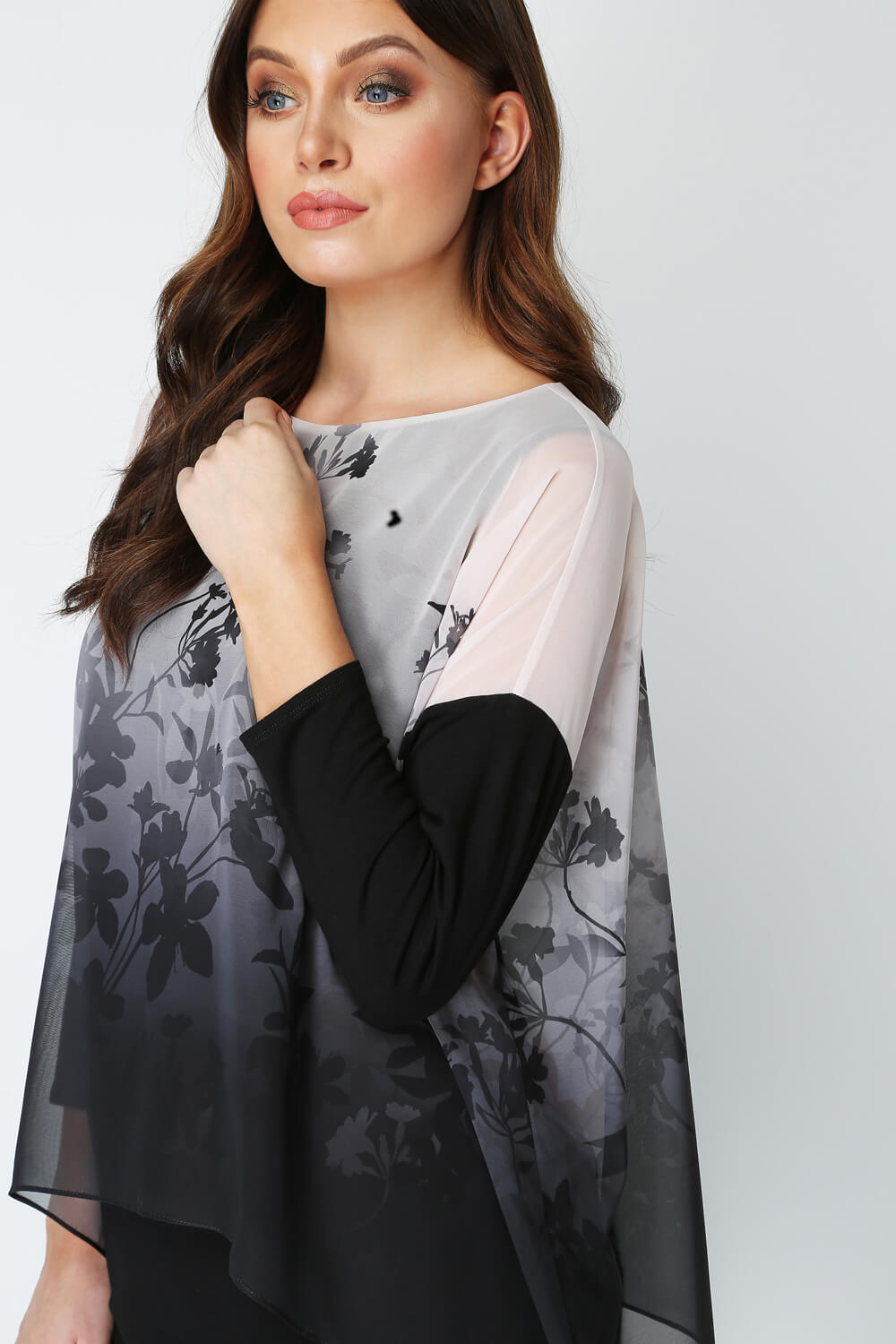 Black Soft Floral Overlay Chiffon Top, Image 2 of 5